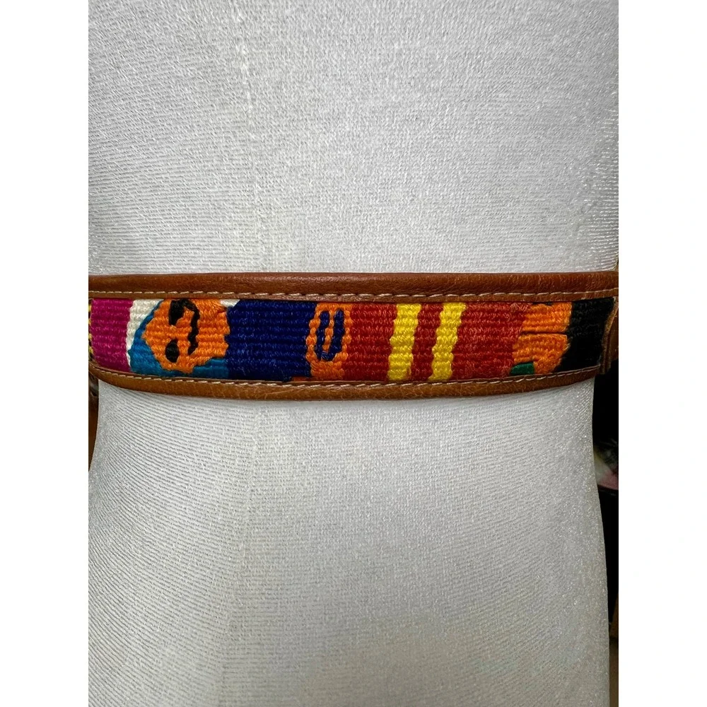 Vintage‎ Handcrafted Tan Leather Woven Textile Boho Belt Multicolor 42 Inch